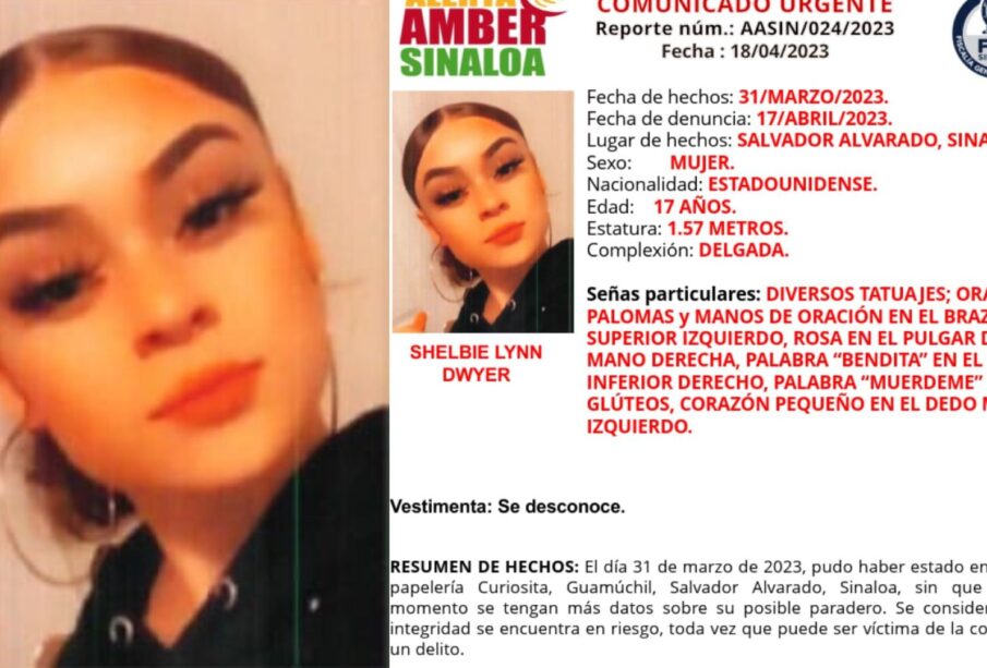 Shelbie Lynn Dwyer de 17 años desaparecida en Sinaloa