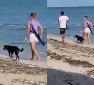 Mujer armada paseando en playa de Yucatán causa pánico