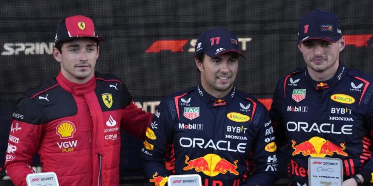 Verstappen, Pérez y Leclerc en el podium de Azerbaiyán