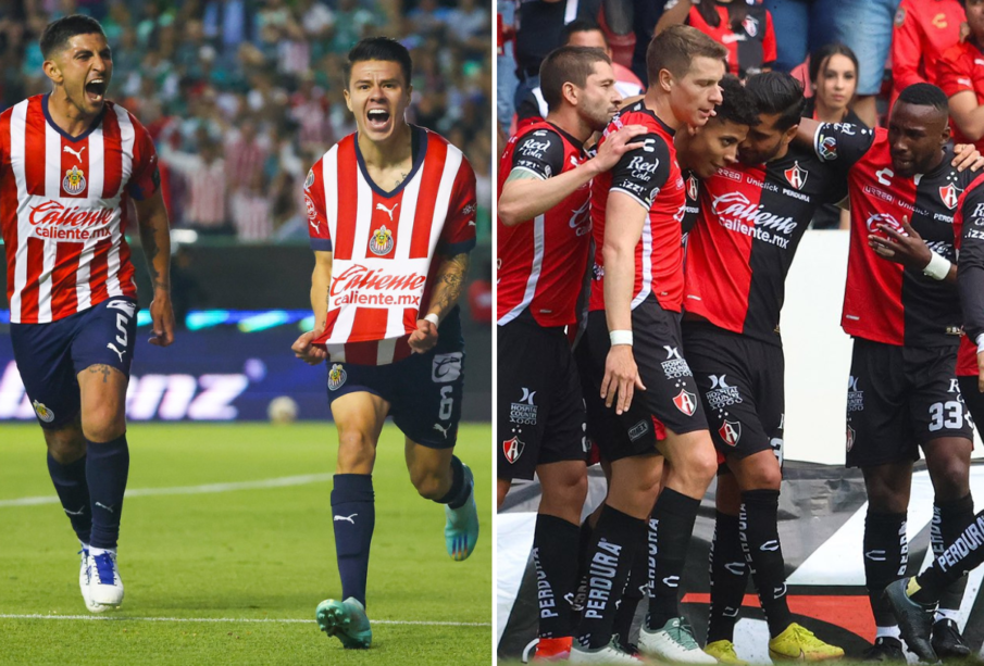 Jugadores de Chivas y Atlas festejando un gol