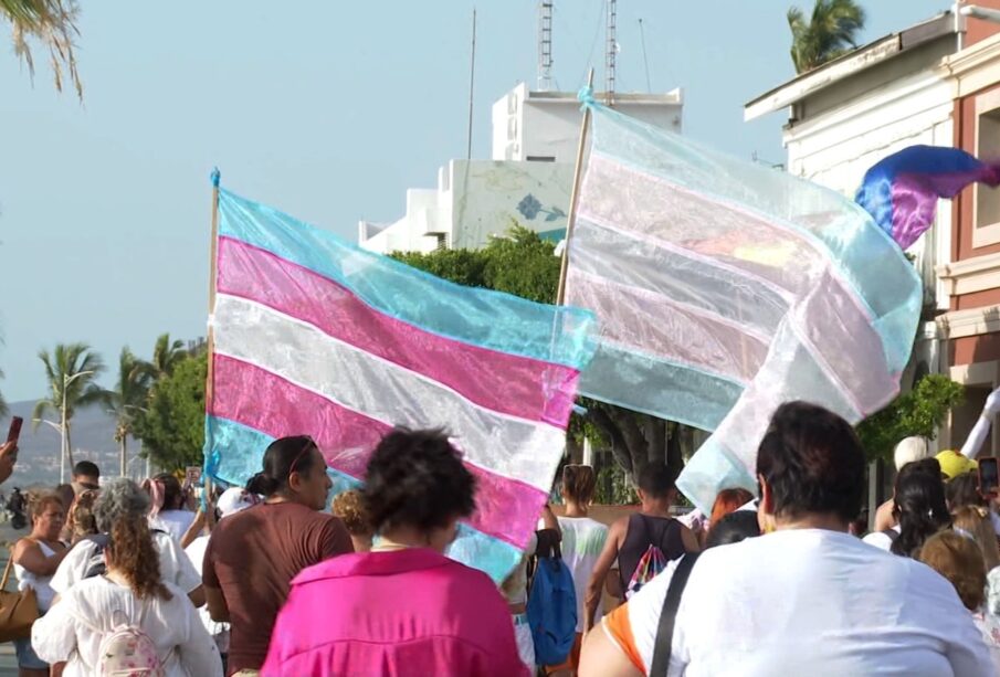 Personas portando banderines durante una marcha