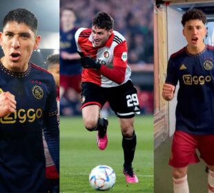 Edson álvarez, Santiago Giménez y Jorge Sánchez en el partido entre el Feyenoord y el Ajax