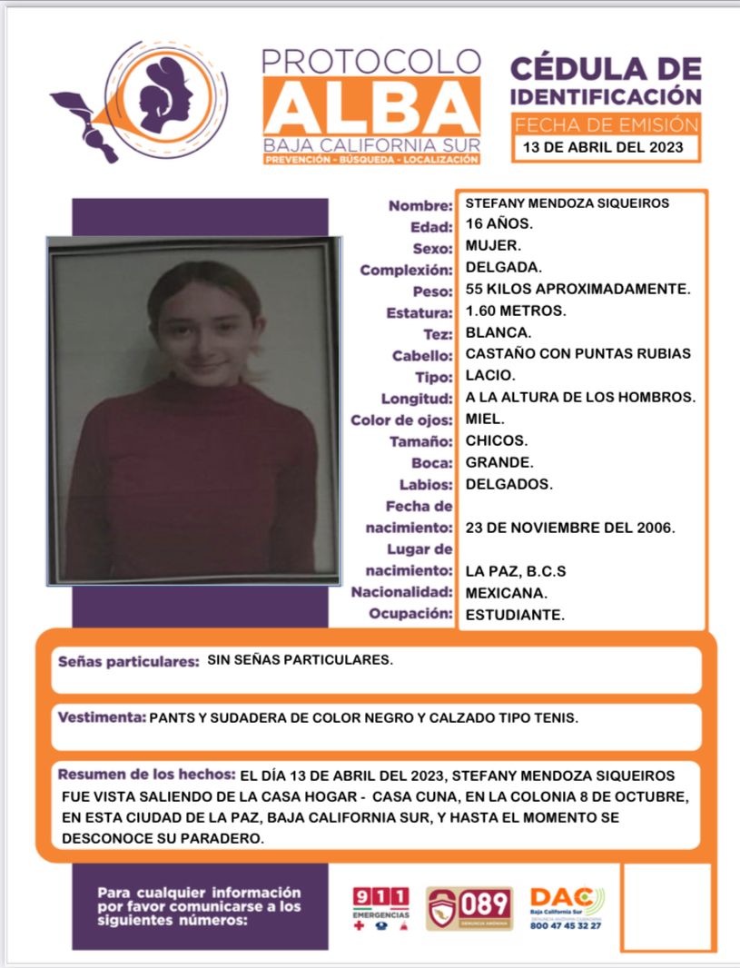 Ficha de búsqueda de Stefany Mendoza Siqueiros