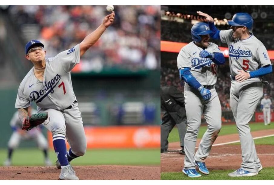 Collage de Julio Urías lanzando y Max Muncy celebrando con un compañero