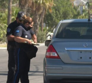 Policías junto a un automóvil