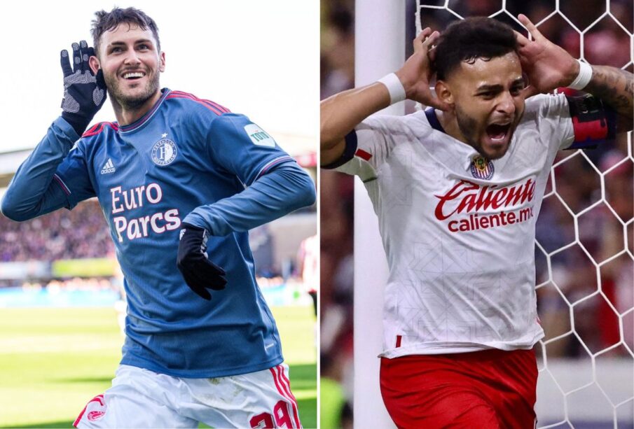 Santiago Giménez y Alexis Vega festejando un gol con Feyenoord y Chivas respectivamente