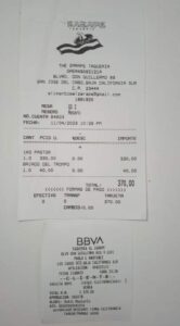 Tiket de compra en restaurante "El Zarape"