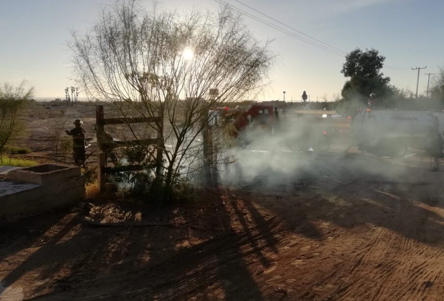 Bomberos sofocando incendio junto al Eco Parque en La Paz.