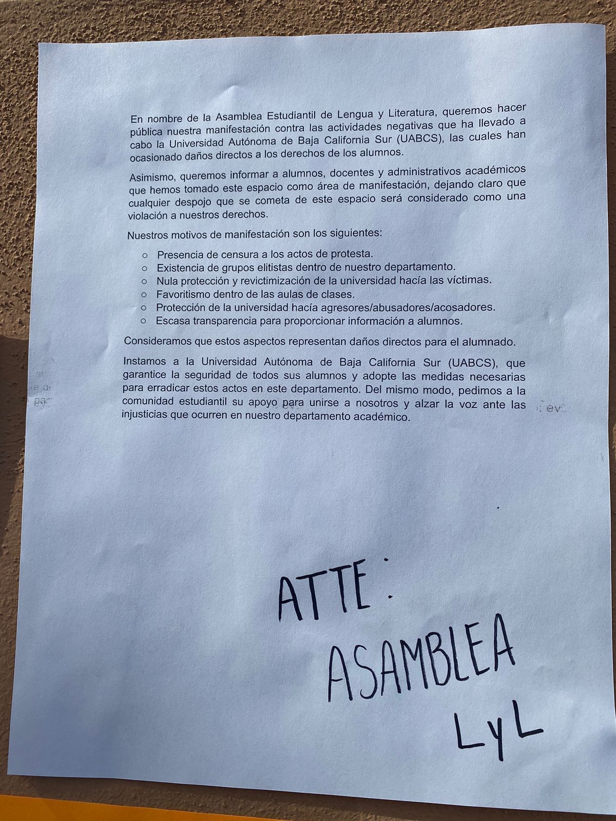 Comunicado de la Asamblea de Lengua y Literatura de la UABCS.