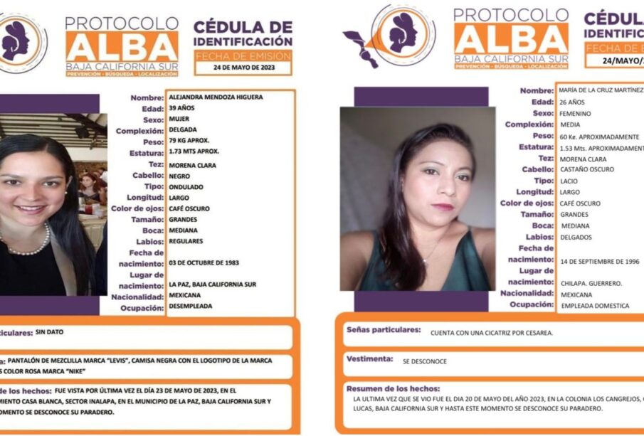 Ficha de búsqueda de dos mujeres en Baja California Sur.