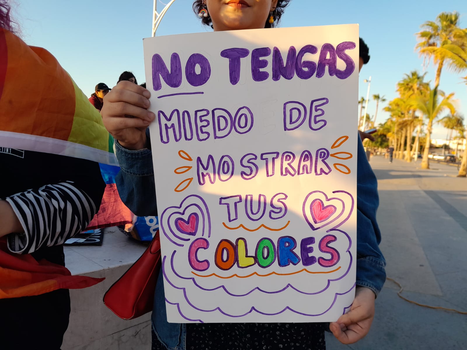 Persona LGBTQ+ sosteniendo un cartel durante la marcha por el Día del Orgullo.