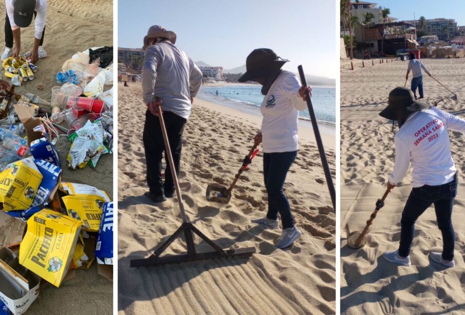 Personal de la SEMARNAT limpiando playa Hacienda Médano en Los Cabos.