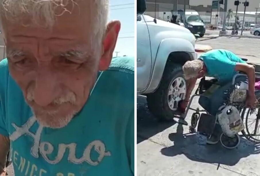 Señor Juan, adulto mayor con discapacidad que limpia las llantas de los autos en el centro de La Paz.