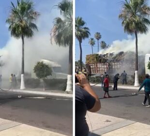 Tráiler incendiándose sobre el Boulevard Agustín Olachea en Ciudad Constitución.