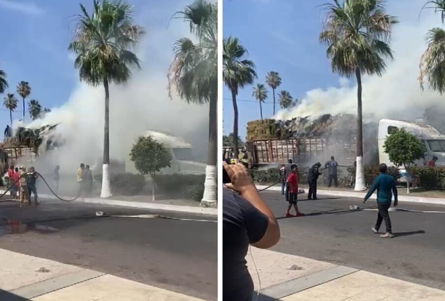 Tráiler incendiándose sobre el Boulevard Agustín Olachea en Ciudad Constitución.