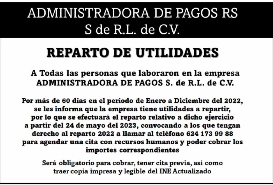 Reparto de Utilidades Administradora de Pagos