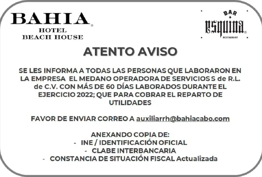 Convocatoria Reparto de Utilidades Bahía Hotel Beach House