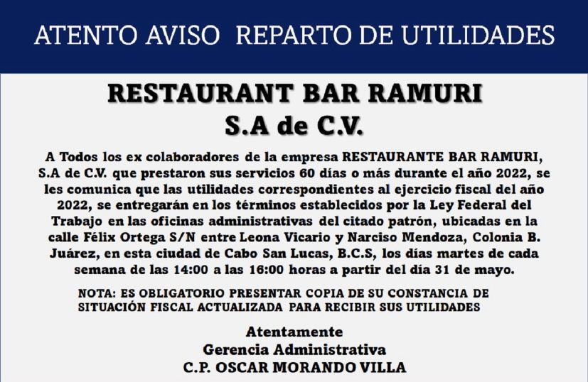 Convocatoria Reparto de Utilidades Bar Ramuri