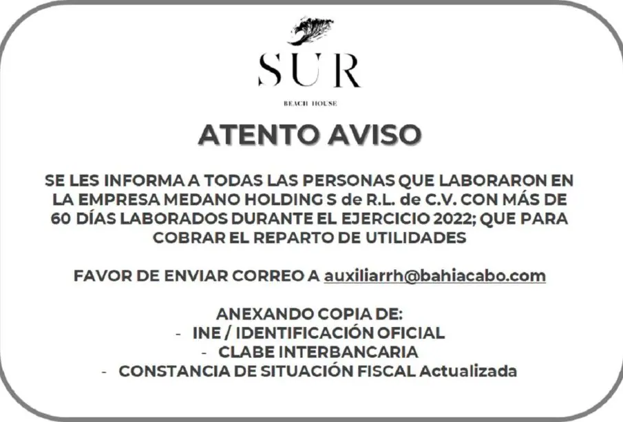 Convocatoria Respaldo de Utilidades Sur Beach House