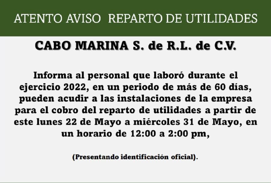 Convocatoria Reparto de Utilidades Cabo Marina