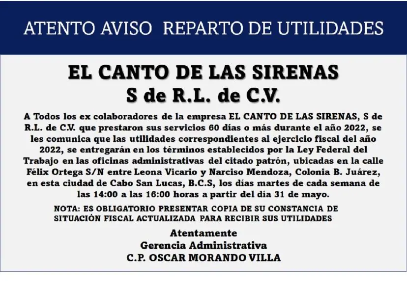 Convocatoria Reparto de Utilidades El Canto de Las Sirenas