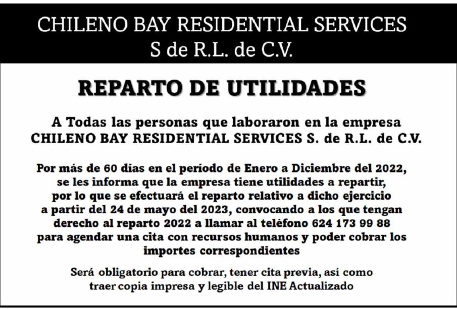 Reparto de Utilidades Chileno Bay Residential Services
