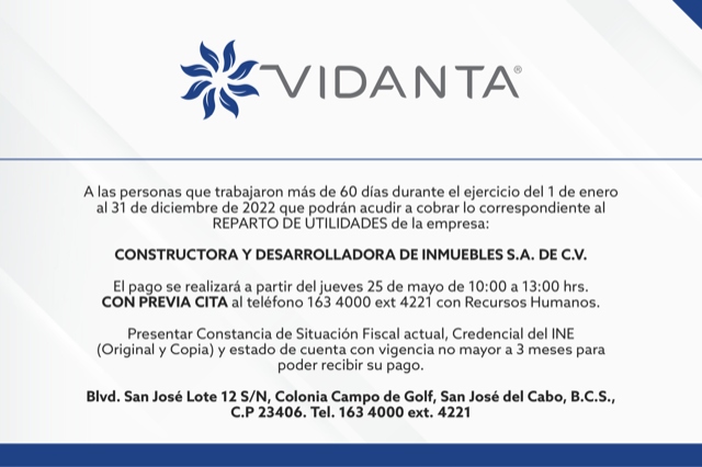 Convocatoria Reparto de Utilidades Constructora Vidanta