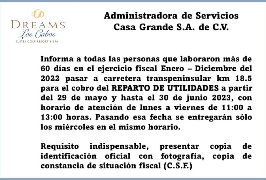 Convocatoria Reparto de Utilidades Administradora de Servicios Casa Grande