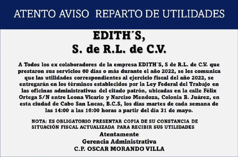 Convocatoria Reparto de Utilidades Edith's