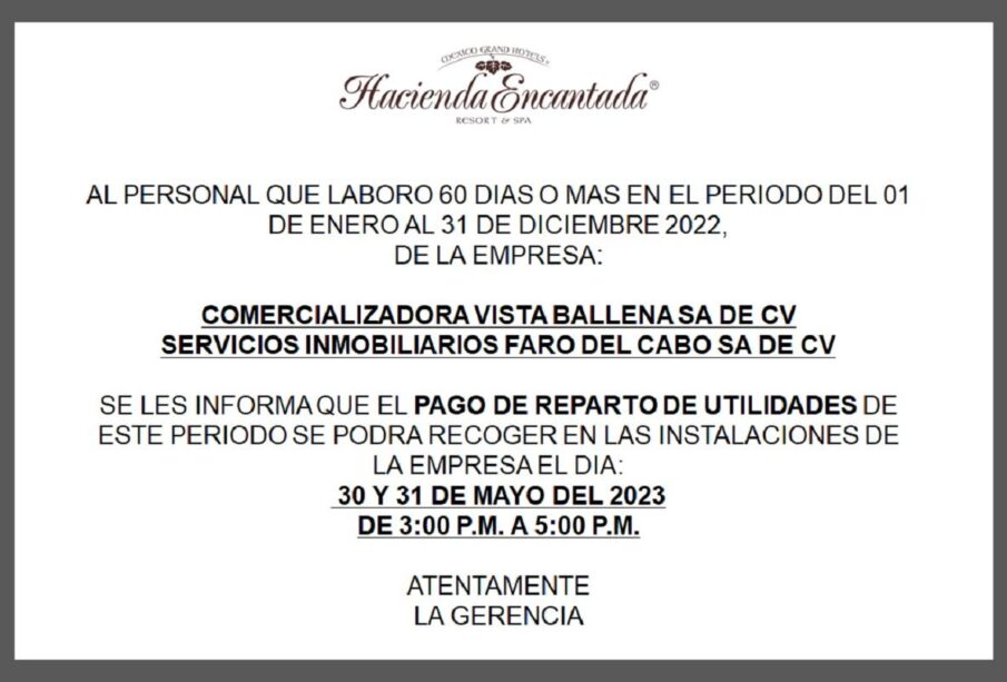 Convocatoria Reparto de Utilidades Hacienda Encantada