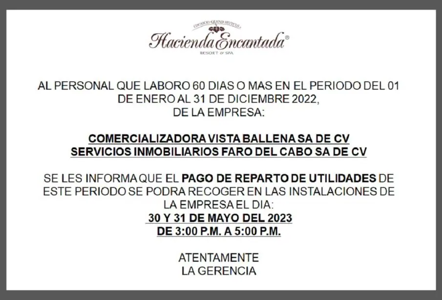 Convocatoria Reparto de Utilidades Hacienda Encantada