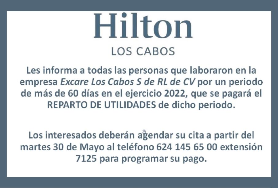 Convocatoria Reparto de Utilidades Hilton Los Cabos