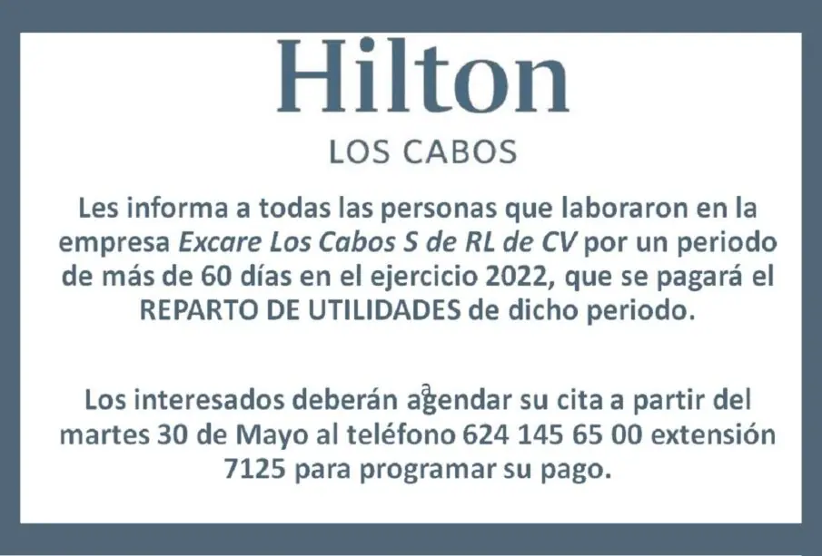 Convocatoria Reparto de Utilidades Hilton Los Cabos