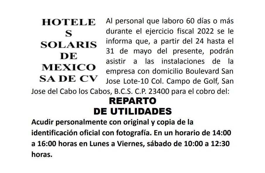 Convocatoria Reparto de Utilidades Hoteles Solaris