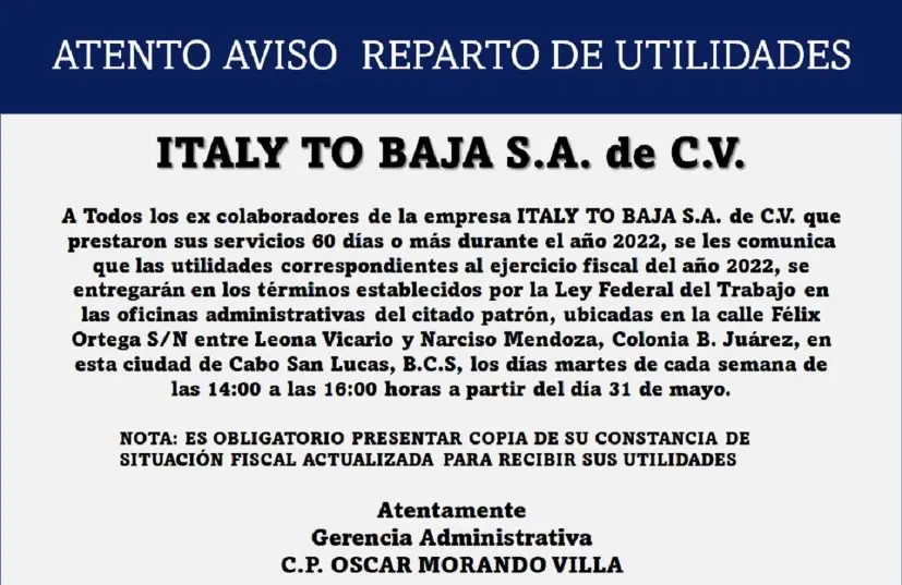 Convocatoria Reparto de Utilidades Italy To Baja