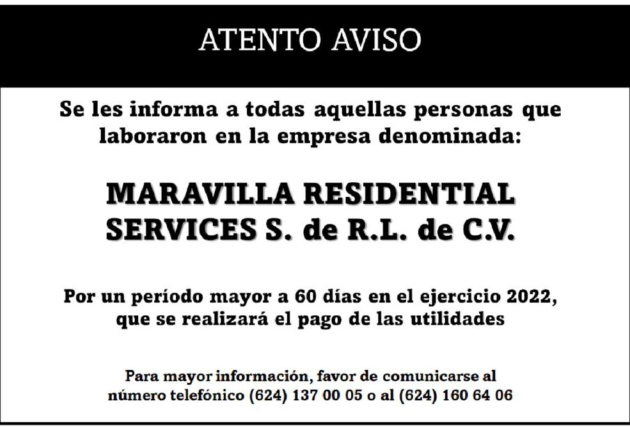 Convocatoria reparto de utilidades Maravilla Residential Services