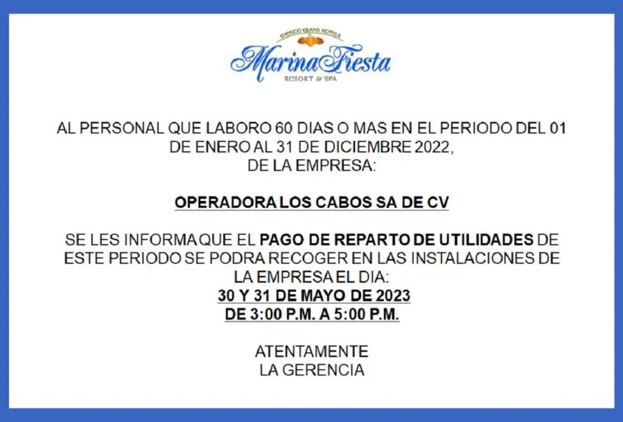 Convocatoria Reparto de Utilidades Marina Fiesta