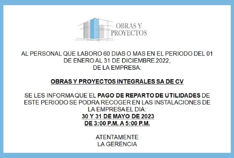 Convocatoria Reparto de Utilidades Obras y Proyectos Integrales