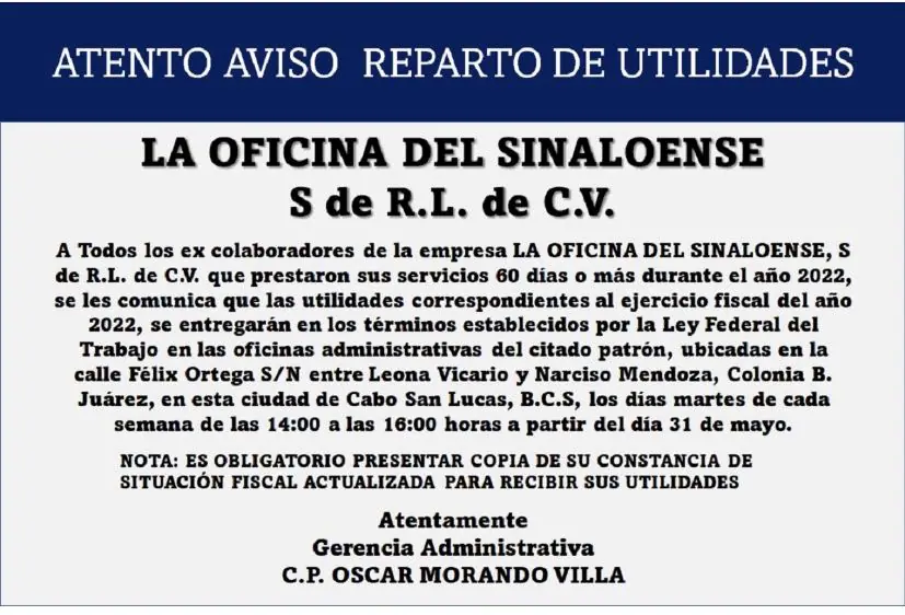 Convocatoria Reparto de Utilidades La Oficina del Sinaloense