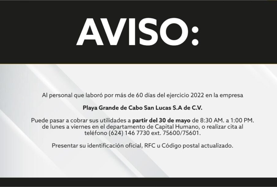 Convocatoria Reparto de Utilidades Playa Grande de Cabo San Lucas