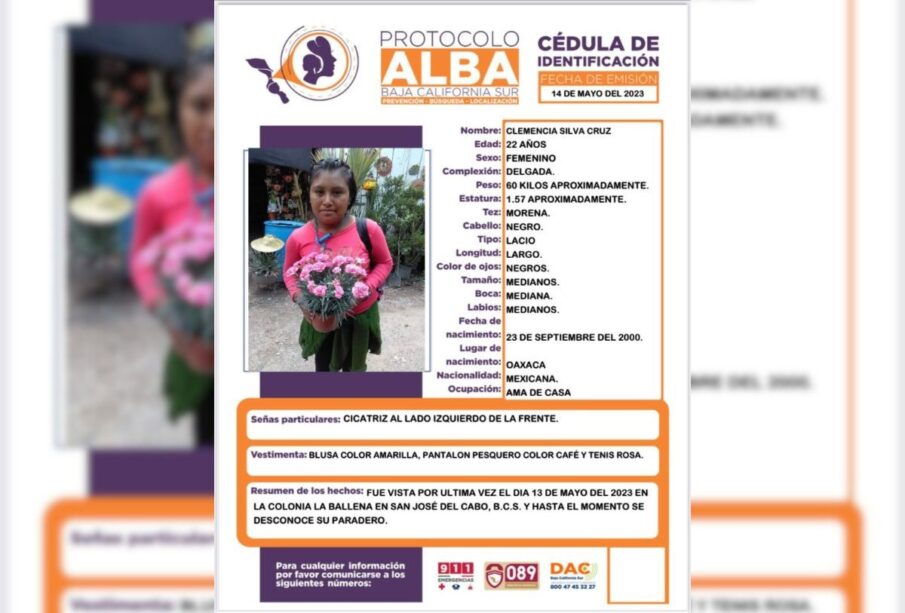 Cédula de búsqueda de mujer desaparecida en Los Cabos