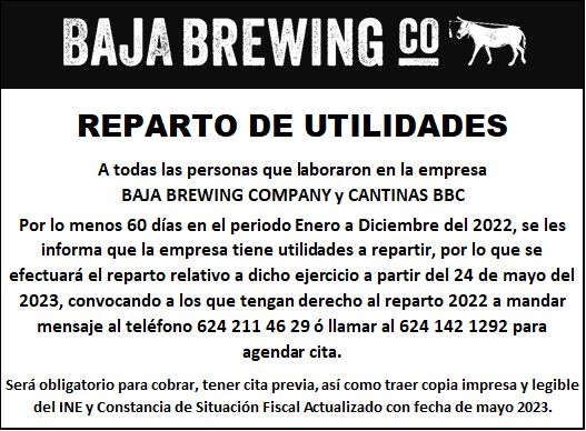 Convocatoria Reparto de Utilidades Baja Brewing