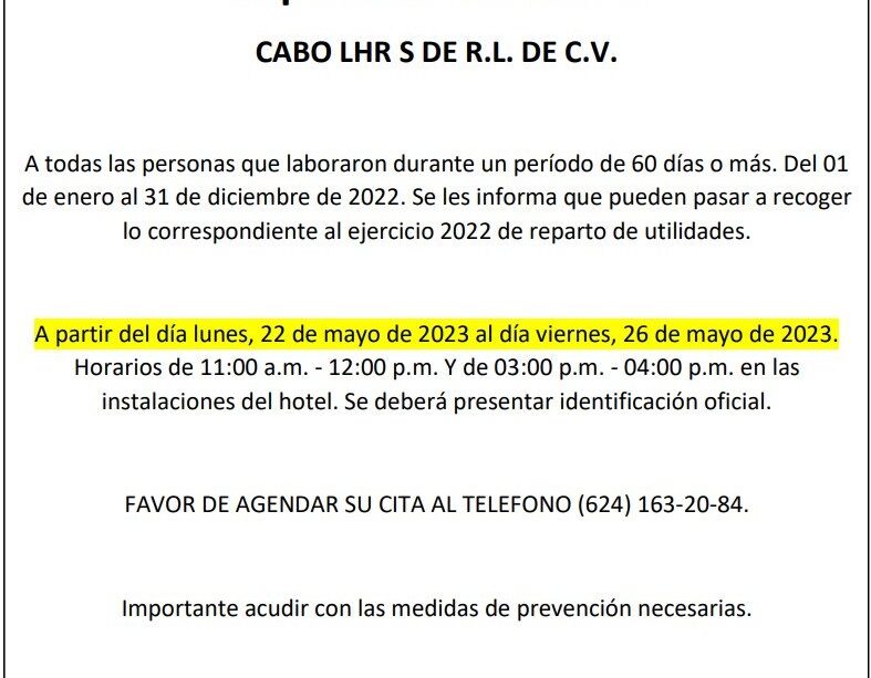 Aviso de Reparto de Utilidades Cabo LHR