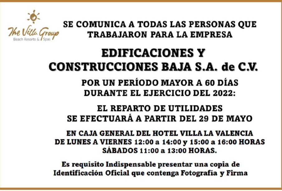 Convocatoria Reparto de Utilidades Edificaciones y Construcciones Baja