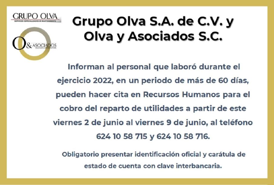 Convocatoria Reparto de Utilidades Grupo Olva