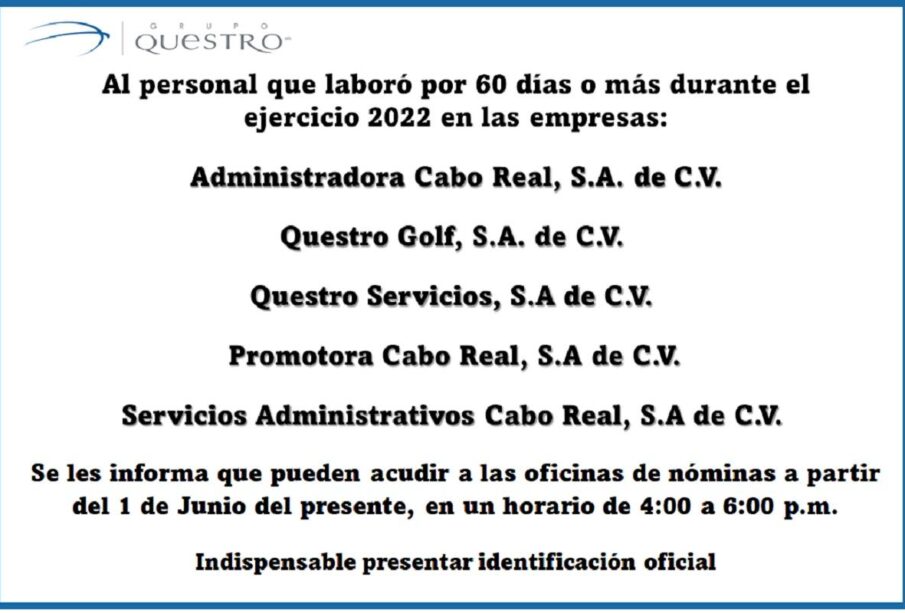 Convocatoria Reparto de Utilidades Grupo Questro