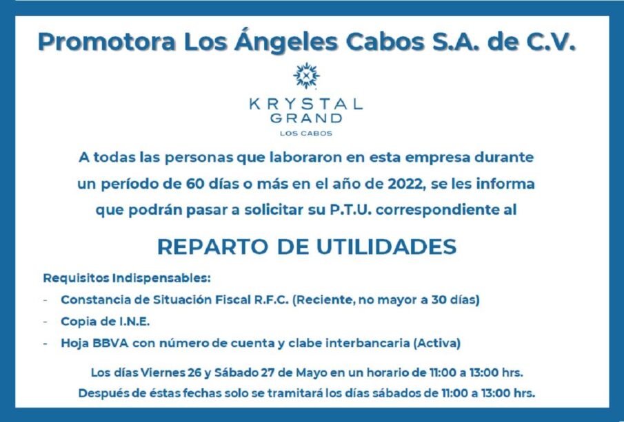 Convocatoria Reparto de Utilidades Krystal Grand