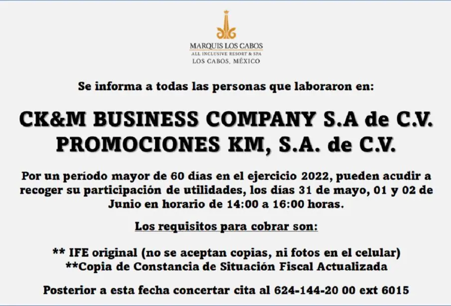 Convocatoria Reparto de Utilidades Marquis Los Cabos