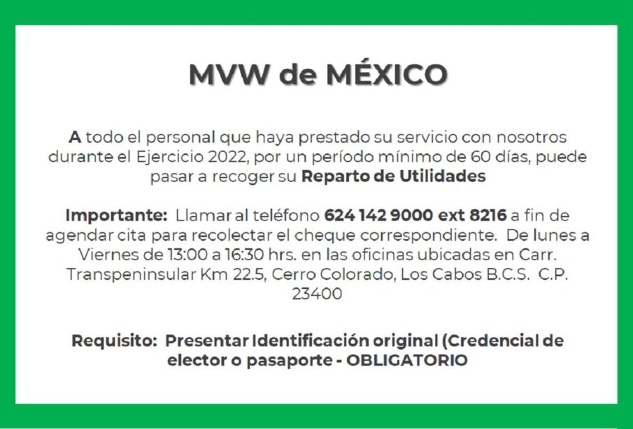 Convocatoria Reparto de Utilidades MVW de México