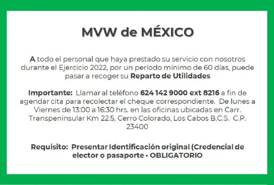 Convocatoria Reparto de Utilidades MVW de México